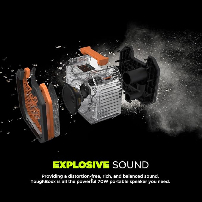 Altec Lansing TOUGHBOXX Bluetooth Speaker, 70W Peak Power, IPX5 Waterproof, 18Hr Playtime, Party Sync 100+ Units, FM Radio, USB-C & Mic In, Ultimate Portable Outdoor Bluetooth Speaker