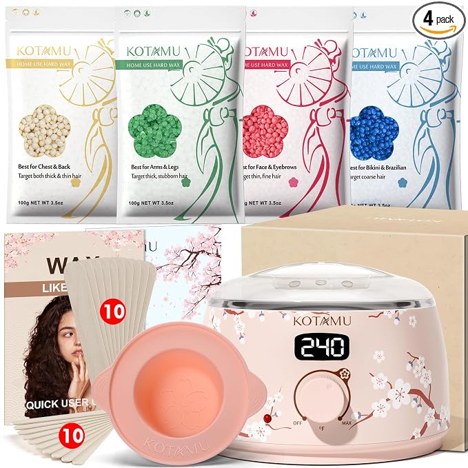 KOTAMU Waxing Kit for Women & Men, Wax Warmer for Hair Removal, Digital Wax Kit with Silicone Pot，Ideal for Face Eyebrow Arm Legs Armpit &Sensitive Skin, Waxing Machine for Home Salon Use- Cherry