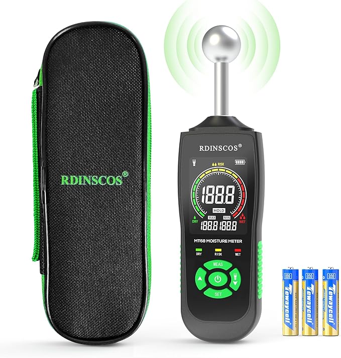 Pinless Digital Moisture Meter with Ball Sensor for Walls Wood Drywall | Digital Moisture Detector, For Basement, Narrow Corner, Concrete, Non-Destructive Scanner, LED Flashlight, Custom Alerts
