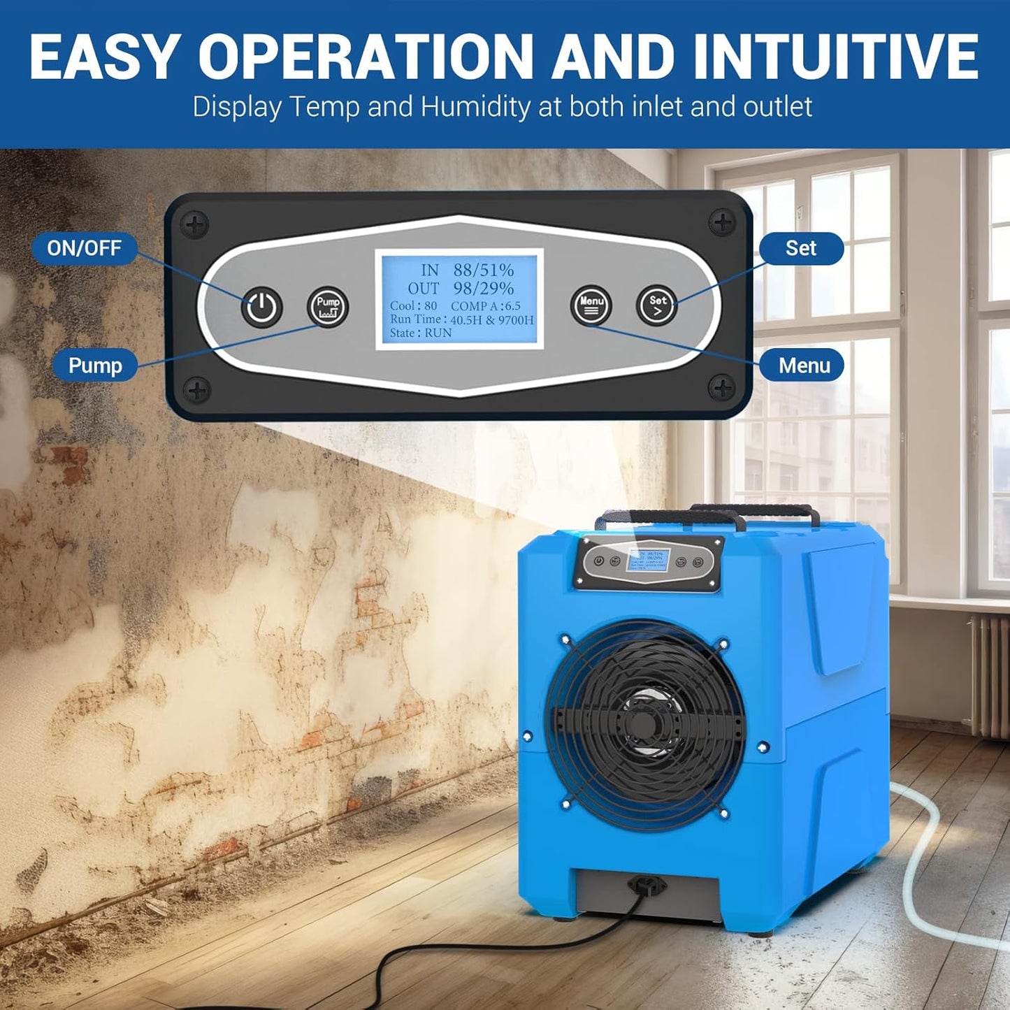 MOUNTO Commercial Dehumidifier, 150 Pint High-Capacity, Includes Pump Drain Hose for Water Damage Restoration, Ideal for Basements, Warehouses & Job Sites