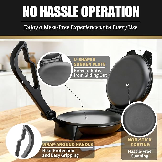 FineMade Compact Roti Maker, 8'' Electric Tortilla Maker Machine, Maquina Para Hacer Tortillas, Crepe Maker,Electric Tortilla Press, Prensa Para Tortillas, Recipe Included, Black