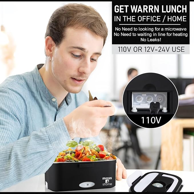 Moss & Stone Electric Lunch Box Food Heater for Adults Black & White Food Warmer Lunch Box, 12/24/110v Lunch Box Warmer Portable For Work/Car/Truck, Fork & Spoon & 1.5L Removable S.S Container