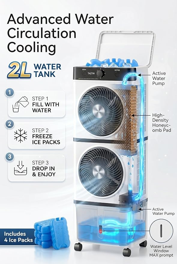 Dual Fans 3-IN-1 Evaporative Swamp Cooler, Portable Tower Fans that Blow Cold Air, 2L Water 2 Modes, 3 Speeds,12H Timer, 4 Ice Packs & 4 Wheels, 45°Oscillation, 35ft/s Velocity Quiet for Room Office