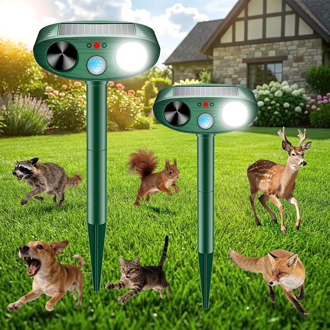 2026 Solar Ultrasonic Animal Repellent Outdoor with Motion Sensor Flash Light, IP66 Waterproof Deer Cat Squirrel Raccoon Repellent for Yard Farm Garden (2 Pack)