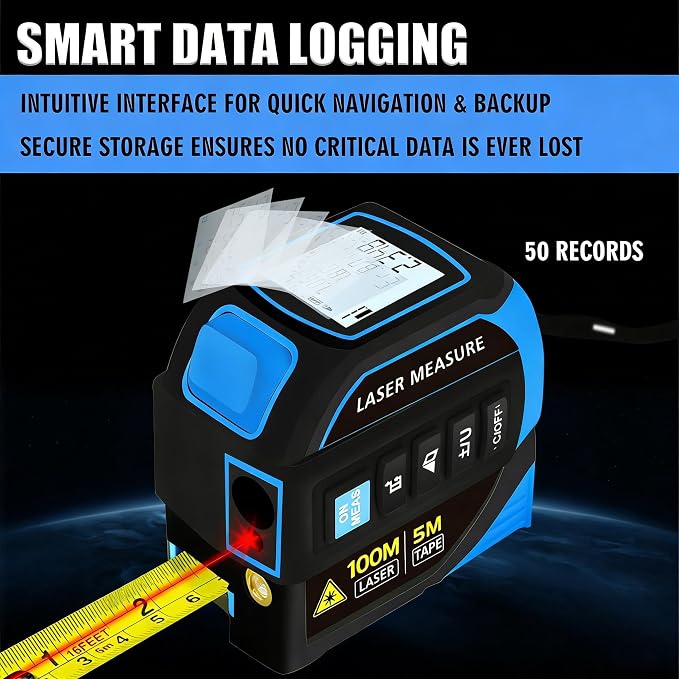 4-in-1 Laser Tape Measure 328FT, Digital Laser Distance Meter,16FT Steel Tape, Dual-Axis Electronic Angle & Crosshair Level, Area/Volume/Pythagorean, LCD Rechargeable Measuring Tool (Blue)