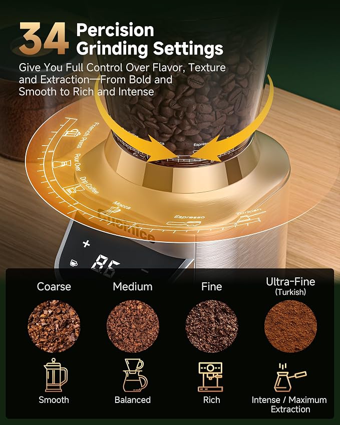 Conical Burr Coffee Grinder for Home Use, Anti-Static Espresso Grinder with 34 Grind Settings, 40mm Stainless Steel Burr, 0.1s Timer, Portafilter Holder, Touchscreen, Silver