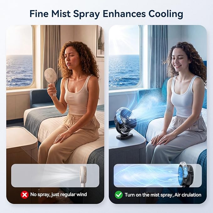 Magnetic Cruise Ship Approved Fan, 12000mAh Battery Travel Fan with Cold Mist Spray, 4 Speeds, LED Lights, Timer, Portable Fan for Golf Cart, Bedroom, Camping, Cruise Must Haves Essentials 2026