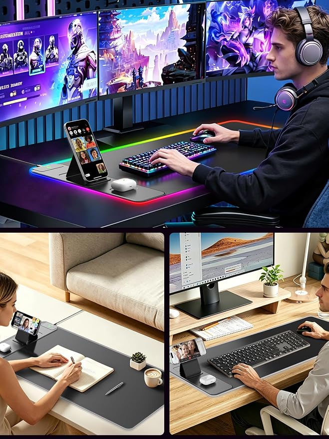 RGB Gaming Mouse Pad with Magnetic Wireless Charging & Phone Stand, 31.5"x15.8" Large, 25 Light Effects, Non-Slip Base, Waterproof Ultra-Smooth Surface, No Adapter