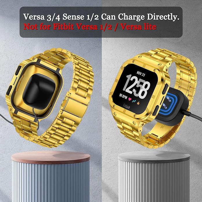 BAITEYOU Stainless Steel Watch Band with Case Compatible for Fitbit Versa/Fitbit Sense Bands, Rugged Protective Bumper Metal Wristbands for Men Women