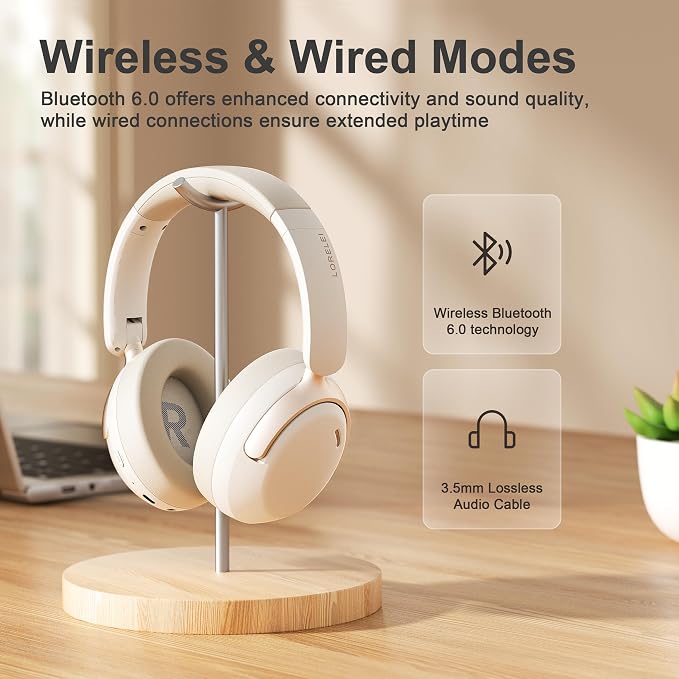 LORELEI QC30 Hybrid Active Noise Cancelling Headphones,Over-Ear Wireless Bluetooth,Beige Protein Leather, Active Noise Control & Transparency Mode,Deep Bass, Built-in Mic