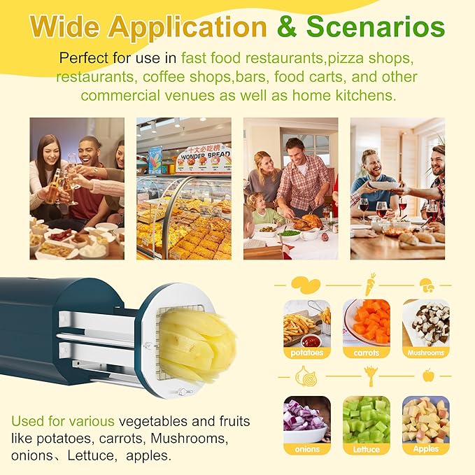 Electric French Fry Cutter, Automatic Professional Potato Stainless Steel Cutter with 1/2 & 3/8 Inch Blade for Potatoes, Carrots, Vegetable (GREEN)