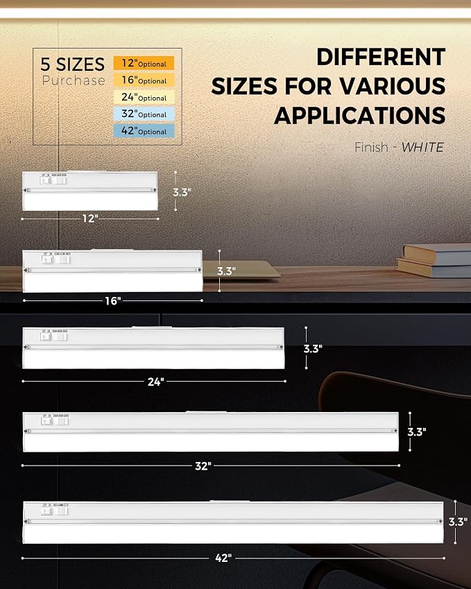 4 Pack 24" Hardwired Under Cabinet Lighting for Kitchen, 18W 1200LM, 3 Color Temperatures (3000K/4000K/5000K), Quick Install Under Counters Light for Cabinets, Workspaces, YT-4201B-24-4