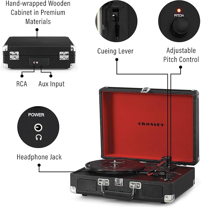 Crosley CR8005F-BK Cruiser Plus Vintage 3-Speed Bluetooth in/Out Suitcase Vinyl Record Player Turntable, Black/Red