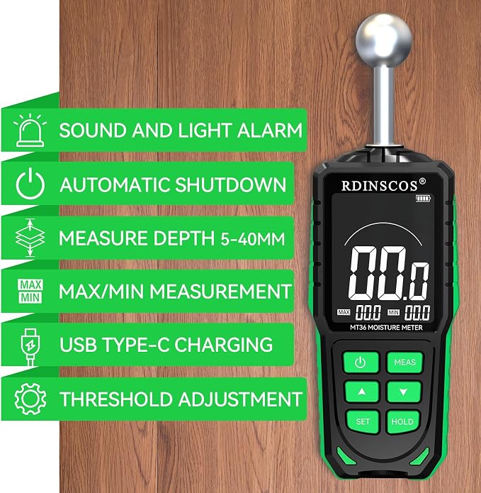 Pinless Moisture Meter for Drywall for Wood and Wall | Ball type Moisture Readers;5-40mm Depth; Custom Alarm Threshold