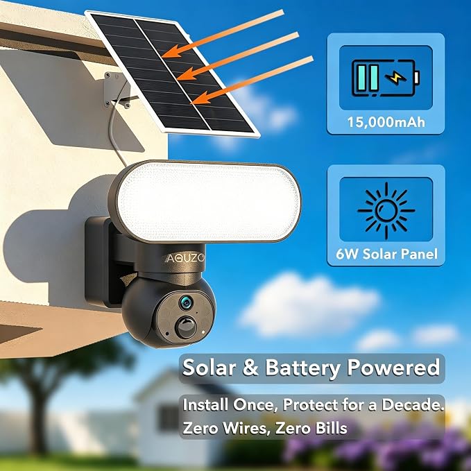 Floodlight Camera Solar Wireless, 360° PTZ Outdoor Security | 1500LM Light, Color Night Vision, 64GB SD, 2.4G WiFi, Solar/Battery, AI Human Detection, 2-Way Audio, Siren Alarm, IP65