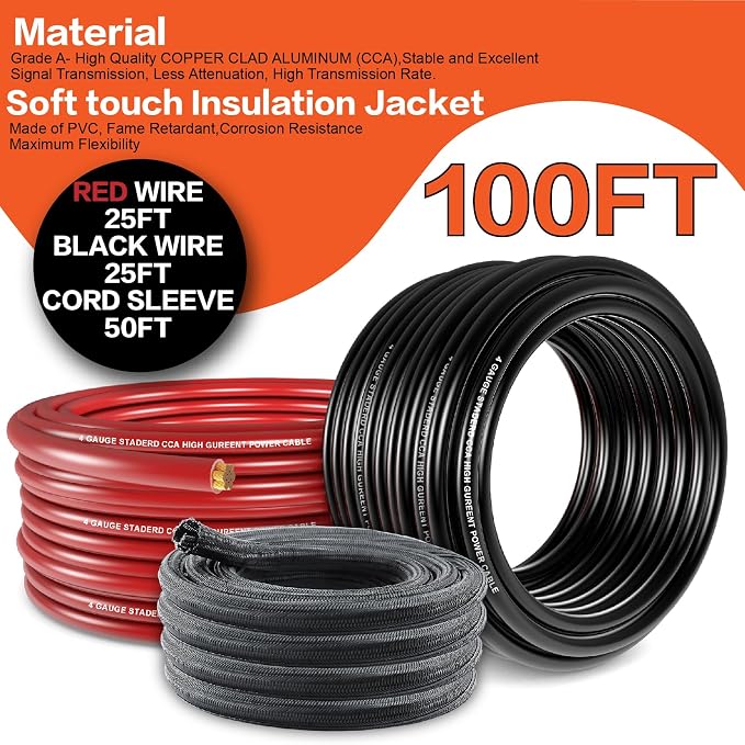 4 Gauge Wire(25ft Each - Red/Black) Copper Clad Aluminum CCA Automotive Wire with 50ft 1/2" Cable Sleeve - Ideal for Car Audio, Solar, Auto, RV, Marine Power & Ground Cables