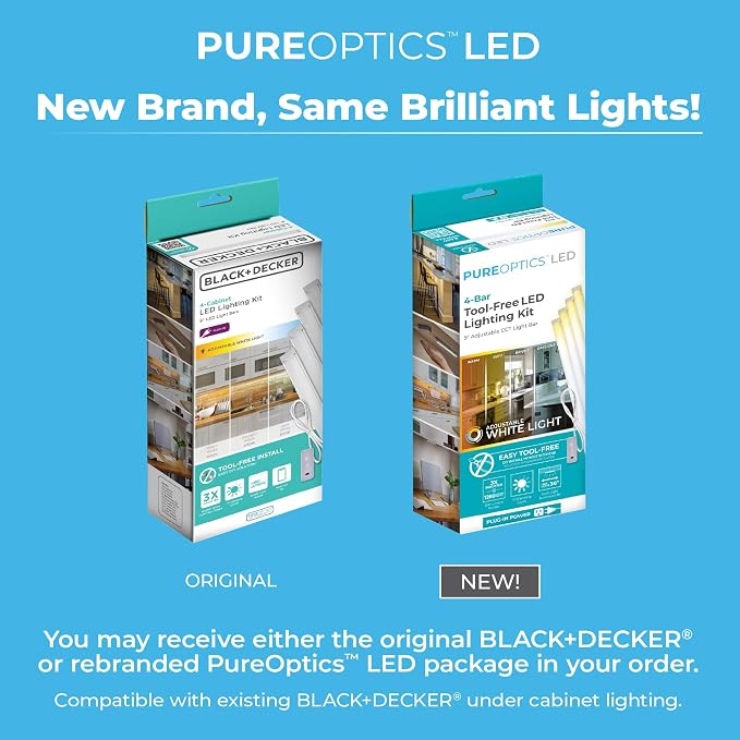 PureOptics LED Under Cabinet Light Kit, Motion Sensor, Dimmable, Linkable, 3 Color Settings, Tool-Free, for Kitchen, Cabinets and Closets, (4) 9" Bars