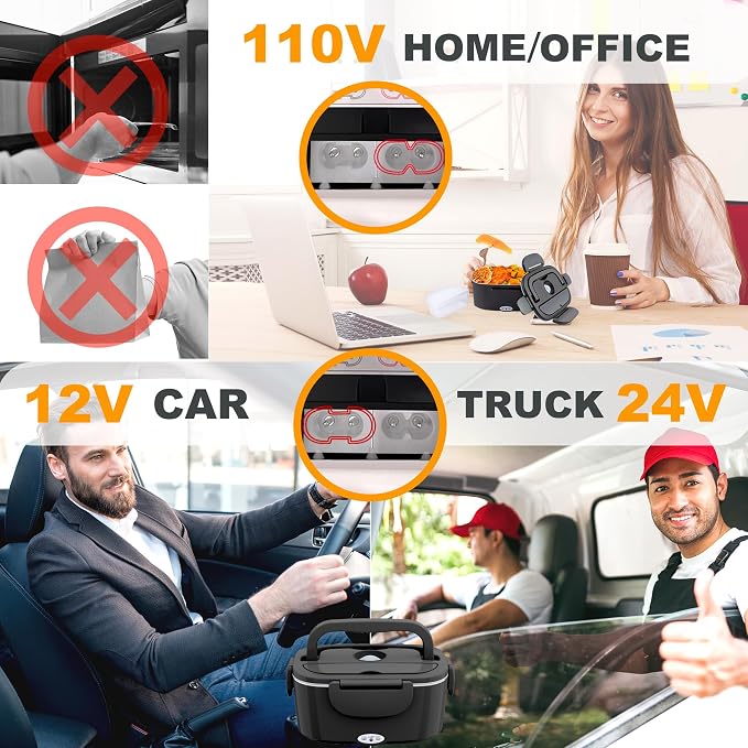 Nifogo Electric Lunch Box for Adults 100W 1.5L Portable Heated Lunch Box for Men 3 in 1 Portable Food Warmer 110V/12V/24V Removable Stainless Steel Container & Big Bag