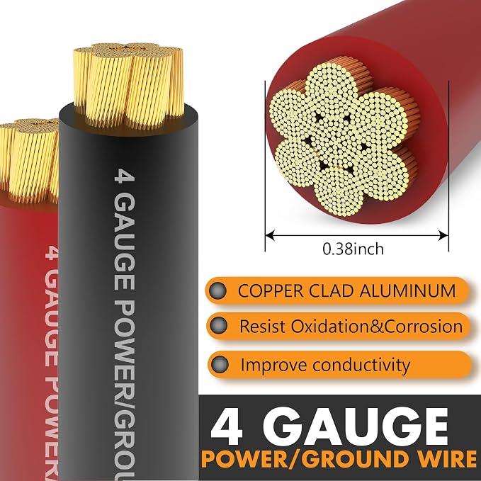 Jeemiter 4 Gauge CCA Wire Copper Clad Aluminum (50FT Red/Black) - 4ga Power/Ground Cable with 100A ANL Fuse Holder,1/2 Inch Cable Split Sleeving,Lugs,Heat Shrink Tubing for Car Audio,Solar,RV & Marine