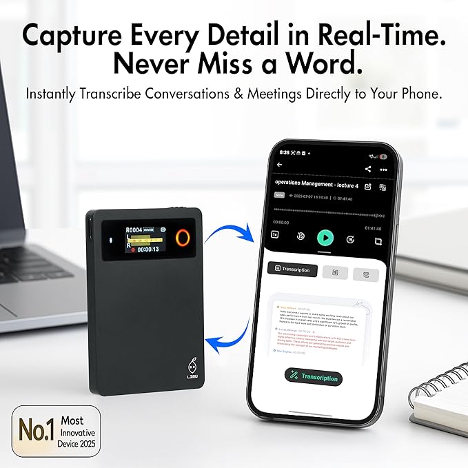 LIMU AI Voice Recorder with App Control - 18h Battery, 64GB Metal AI Note Taking Device - ChatGPT 5 Translation, Summaries & Mind Maps (125 Languages), 400 Min/Month, Audio Recorder with Transcription