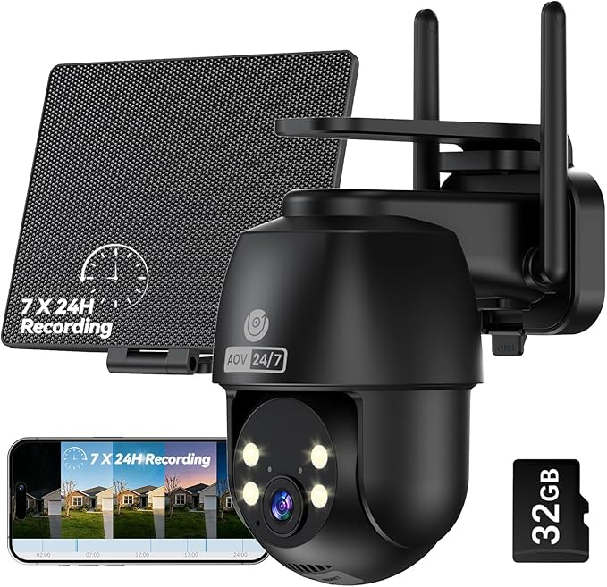 MUBVIEW 24/7 Continuous Recording Wireless Outdoor Security Camera, 2.4G WiFi, 2K Solar Powered, 360° PTZ, Auto Tracking, SD Included, Optional Cloud Storage, AI Detection, Night Vision(Black,1 Pack)
