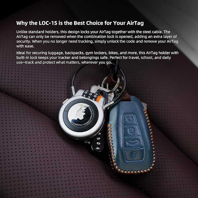 AirTag Holder with Combination Cable Lock, Compatible with Apple Air Tag, AirTag Holder for Kids Backpack, Luggage, Suitcase, Stroller, Car Key, Keychain, GPS Tracking Device Air Tag Case