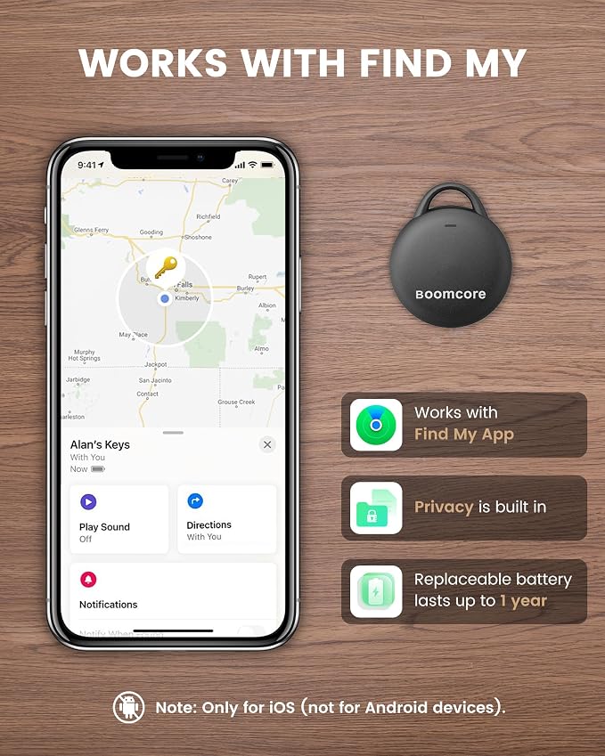 4-Pack Tracker Tags for iOS (Not for Android), Louder Sound Key Finder with an Extra Replacement Battery, Item Finder Air Tracker Smart Tag for Keys, Wallet, Suitcase, Luggage