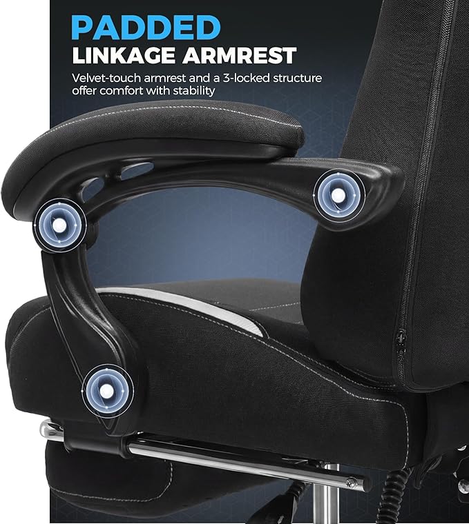 GTPLAYER Gaming Chair Fabric with Pocket Spring Cushion,Computer Office Chair with Lumbar Support for Adults Linkage Armrests and Footrest Ergonomic Gamings Chairs Height Adjustable Black