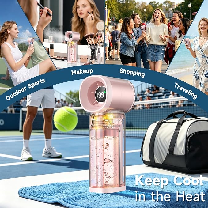 Handheld Misting Fan, Portable Personal Turbo Fan with Nano Mist Spray, 6 Wind Speed, 40ml Water Tank, LED Light, 3000mAh USB Rechargeable for Travel, Outdoors, Camping, Home and Office Use - Pink