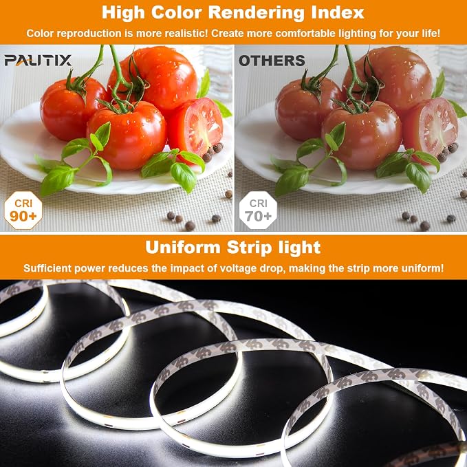 PAUTIX COB LED Strip Light Daylight White 6000K 504LEDs/m,CRI90+ 32.8ft/10m Dimmable 24V LED Tape Lights Kit,Work with Alexa/Google Assistant,for Under Cabinet Bedroom Kitchen DIY Lighting