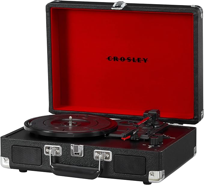 Crosley CR8005F-BK Cruiser Plus Vintage 3-Speed Bluetooth in/Out Suitcase Vinyl Record Player Turntable, Black/Red
