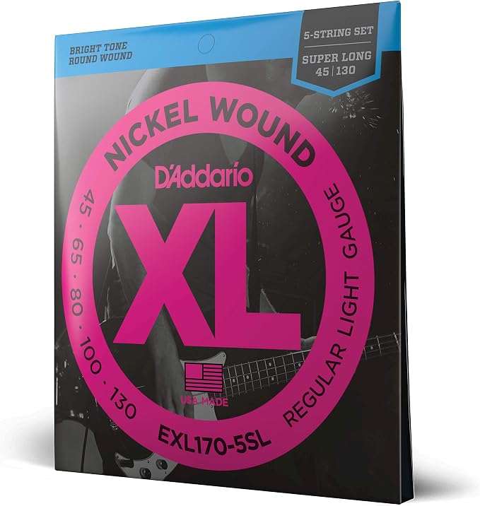 D'Addario Electric Bass Guitar Strings, XL Nickel, EXL170-5SL, Regular Light Gauge 45-130, Super Long Scale, 5-String Set, Pack of 1