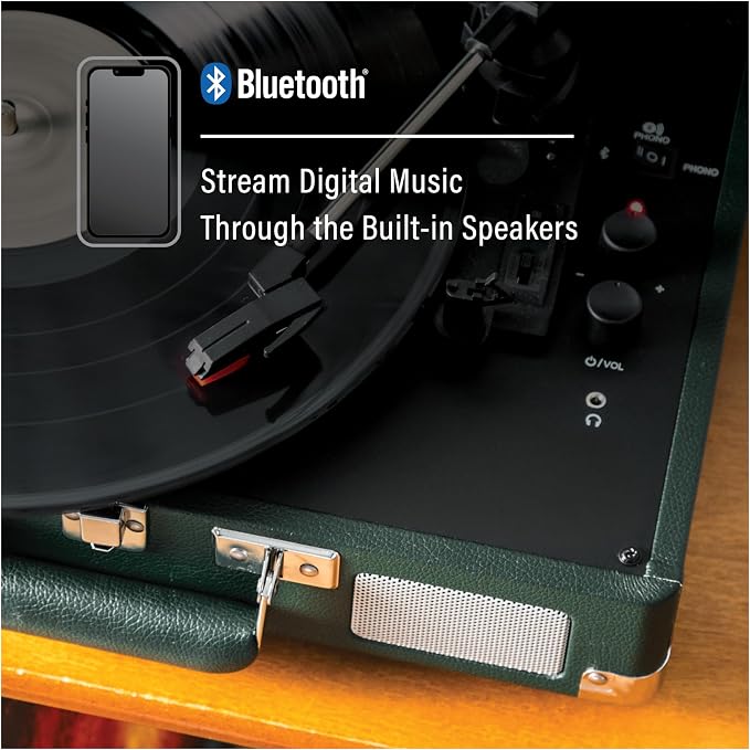 Crosley CR8005F-EM Cruiser Plus Vintage 3-Speed Bluetooth in/Out Suitcase Vinyl Record Player Turntable, Dark Emerald