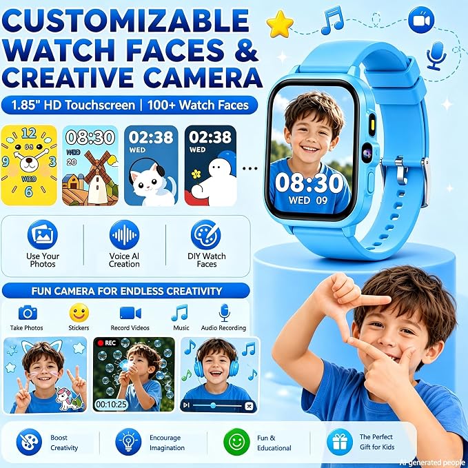 Smart Watch for Kids, 1.85" Fitness Tracker with Camera, Game, Music, SOS, AI, Alarm Clock, Video,Parent Control, 24/7 Heart Rate Sleep Monitor, 100+ Sport Modes, IP68 Waterproof, Gifts for Boys Girls