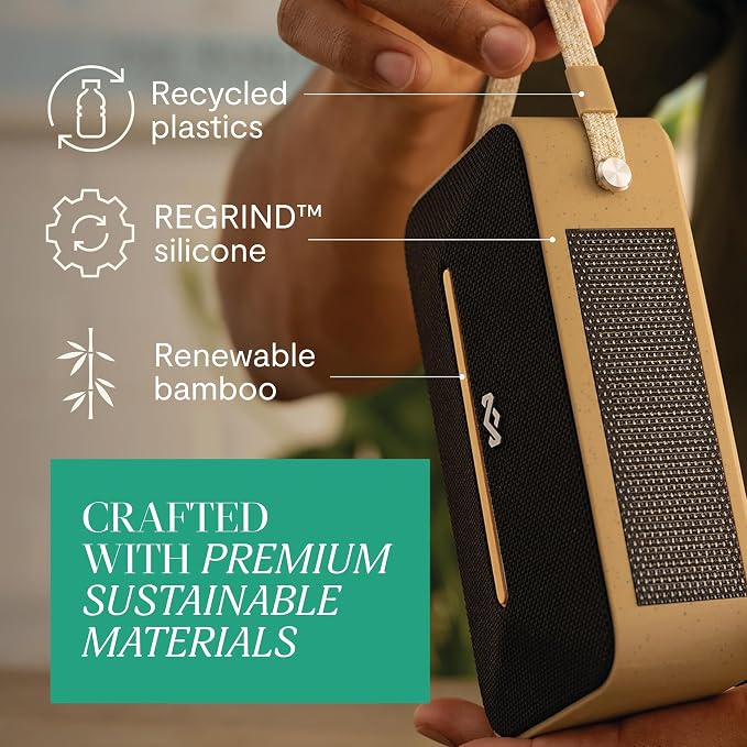 House of Marley Rise Up Solar Bluetooth Speaker, IP67 Waterproof, 14H Playtime, Solar Charging, Quick Charge, Eco-Friendly Recycled Materials, Bamboo Design & Bottle Opener (Signature Black)