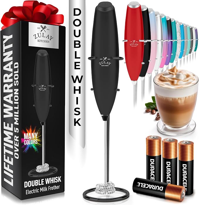 Zulay Kitchen Powerful Milk Frother Wand With Duracell Batteries - Ultra Fast Handheld Drink Mixer - Electric Whisk Foam Maker for Coffee, Lattes, Cappuccino & Matcha - Double Whisk - Exec Black