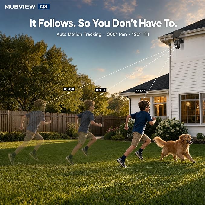 MUBVIEW 24/7 Continuous Recording Wireless Outdoor Security Camera, 2.4G WiFi, 2K Solar Powered, 360° PTZ, Auto Tracking, SD Included, Optional Cloud Storage, AI Detection, Night Vision(Black,2 Packs)