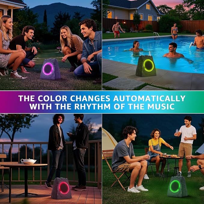 2-Pack Solar Powered Rock Speakers Outdoor Water-Resistant with 3 Mode Lights and Pair Function USB Rechargeable for Patio Garden Party Pool Outside