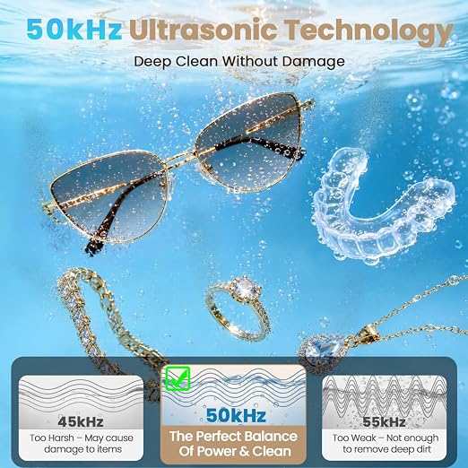 Ultrasonic Jewelry Cleaner, 50kHz Ultrasonic Cleaner Machine for Jewelry, Eyeglass, Retainers,Watch Strap, Rings,420ml 304 Stainless Steel Tank, 5 Timer Modes & LED Digital Display (White)