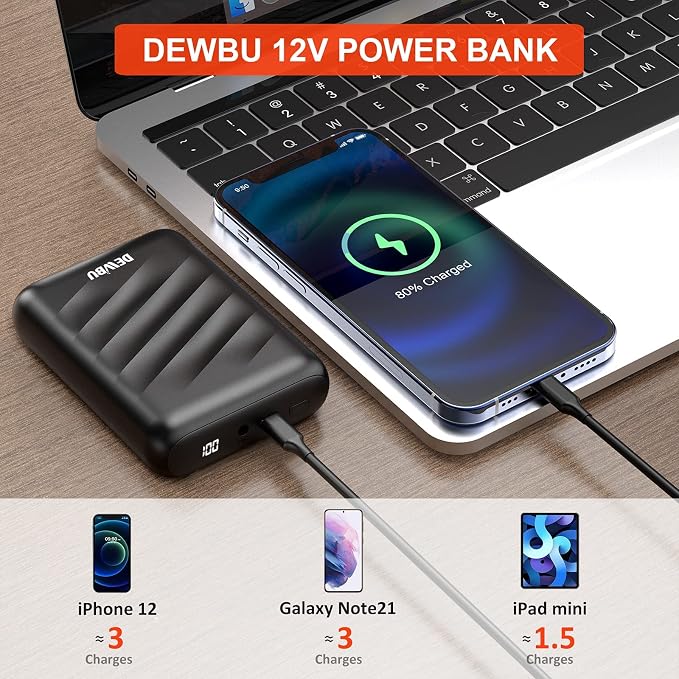 DEWBU Power Bank 12V Battery with Intelligent Led Display Battery Charger for Heated Jacket, Outdoor Electric Heating Coat, iPhone, iPad, Samsung Galaxy, Android, and Other Smart Device