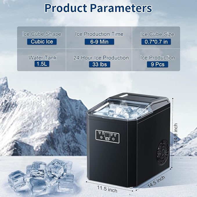 Ice Cube Maker, Counter Top Ice Maker with 2 Ways to Add Water, 33LBS/24H Ice Machine with Transparent Lid Perfect for Home, Office, Kitchen, RV, Basement Bars