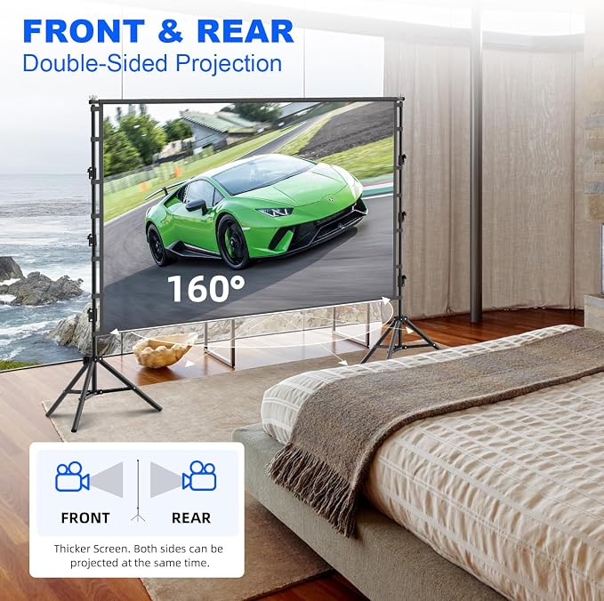 Outdoor Projector Screen with Stand, 150 inch Portable Projection Screen Wrinkle-Free 16:9 4K Rear Front Movie Screen with Carry Bag for Indoor Home Theater, Camping and Backyard Entertainment 150inch