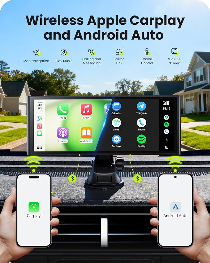 9.26" Wireless Car Play Screen for Apple CarPlay & Android Auto, Portable Car Tablet with Backup Camera, Mirror Link, OTA Updates, Bluetooth 5.2, GPS Navigation, Plug & Play