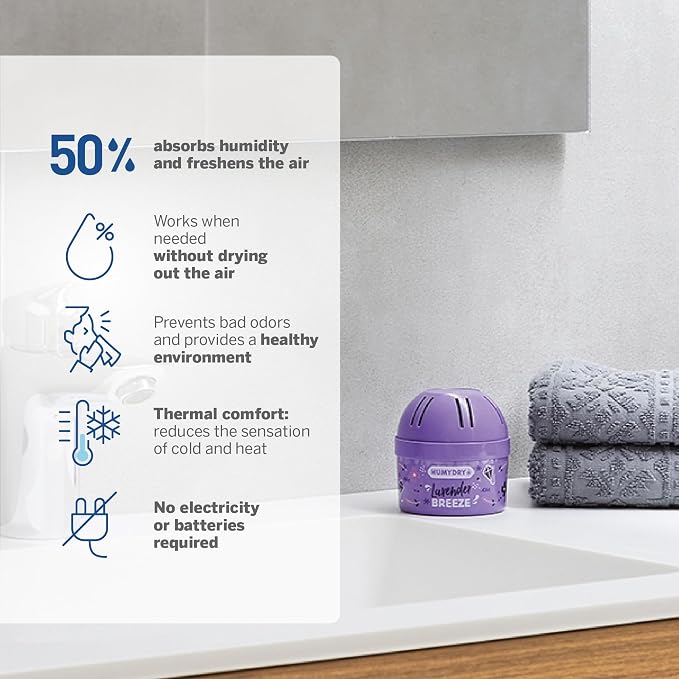 HUMYDRY Moisture Absorber Device, Mini Pack of 12 2.6oz, Up to 500 Days of Moisture and Humidity Control, Fights Summer Humidity, Lavender Air Freshener, Small Space Dehumidifier, Non Electric