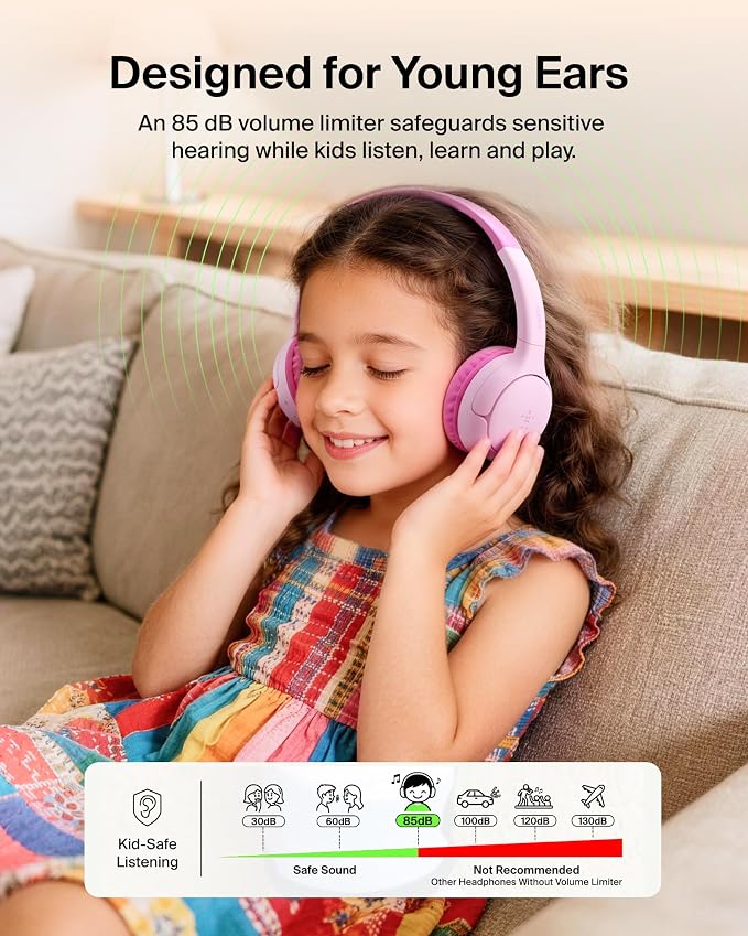 Belkin SoundForm Mini 2 Wireless Kids Bluetooth Headphones - On-Ear Earphones w/ 55H Battery Life, 85dB Safe Volume Limit, Built-in Microphone - Toddler Headphones for iPad, Tablet, School, Travel
