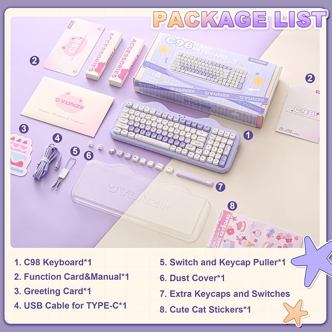 YUNZII C98 Wireless Mechanical Keyboard with Number Pad,99 Key BT5.0/2.4G/USB-C Hot Swap Gasket Mount with PBT MOA Keycaps,Custom RGB,Cute Cake Keyboard for Win/Mac (Purple, Milk V2 Linear Switch)