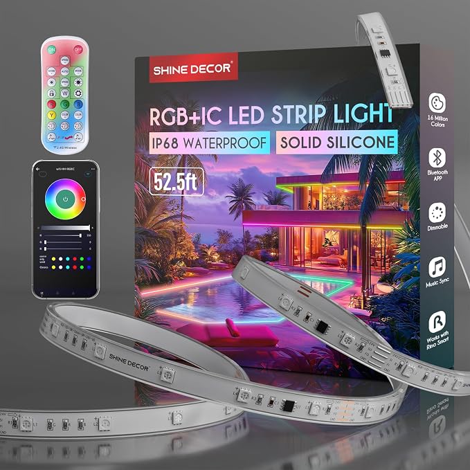 Shine Decor IP68 LED Strip Light 52.5 FT, DC 24V RGB+IC LED Strip Lights, Outdoor Rope Lights with Remote APP Control Music Sync, Color Chasing LED Lights Strip for Chrismas, Pool, Home Decor