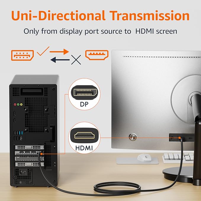 Amazon Basics DisplayPort to HDMI Display Cable, Uni-Directional, 4K@30Hz, 1080P Full HD, 1920x1200, Gold-Plated Plugs, Durable & Flexible, 10 Foot, Black, 5-Pack