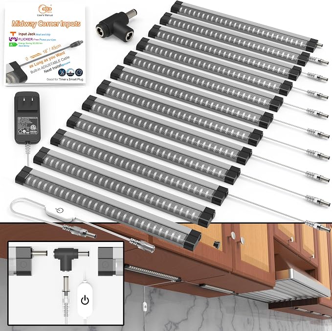 EBD Under Cabinet Lighting Plug in or Hardwired, 12 Pcs 12 Inch No Messy Wires Built-in Adjustable Cable LED Light, T-Connector Counter Lights for Smart Plug Kitchen Home Office 6500K 5400Lm 5 Cables