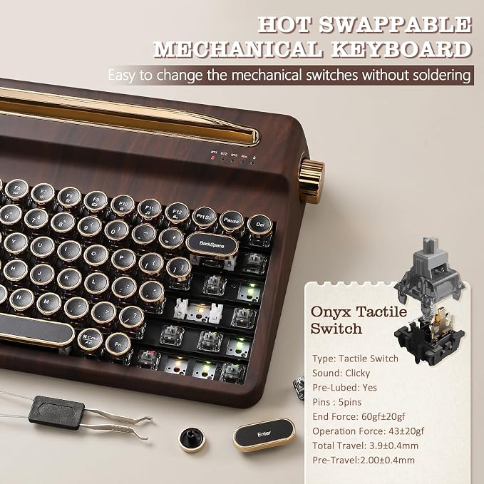 YUNZII QL75 Wireless Typewriter Hot Swap Retro Mechanical Keyboard,Punk Round Keycaps,RGB Backlit QMK/VIA Programmable, Multi-Device Keyboard with 2.4GHz/Type-C/BT5.0 (Wood, Onyx Switch)